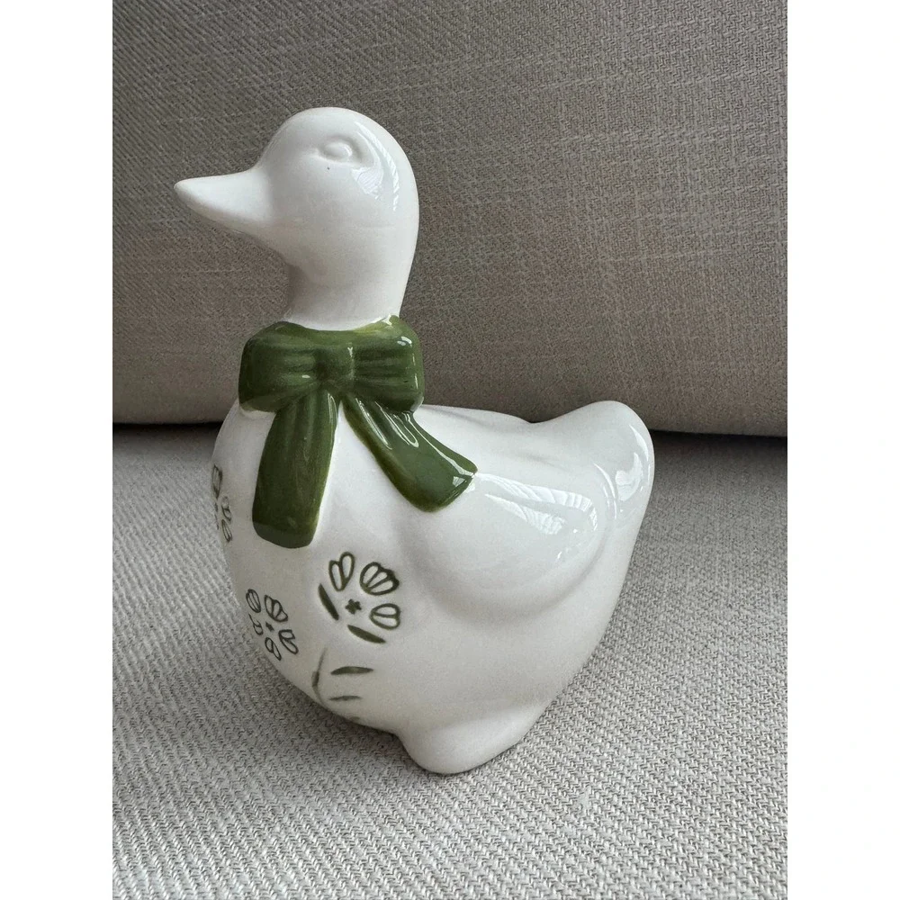 Ceramic Duck Figurine White Green Floral Embossed Cottagecore Decor 6 inch